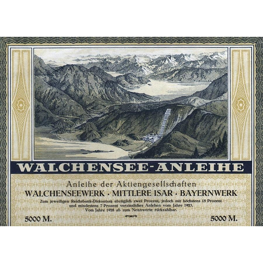 Anleihe der Aktiengesellschaften Walchenseewerk Mittlere Isar Bayernwerk 1923 Germany Bond Certificate