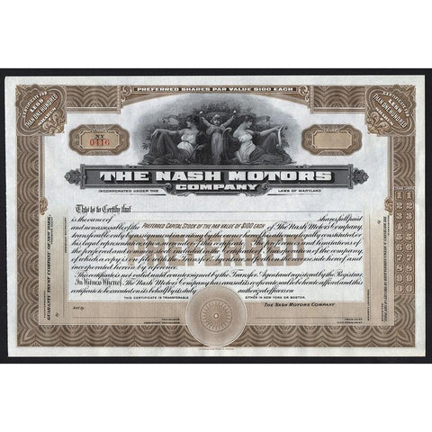 Nash Motors Company Automobiles Maryland Stock Certificate