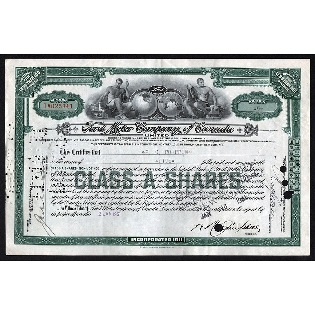 Ford Motor Company of Canada, Limited 1931 Stock Certificate
