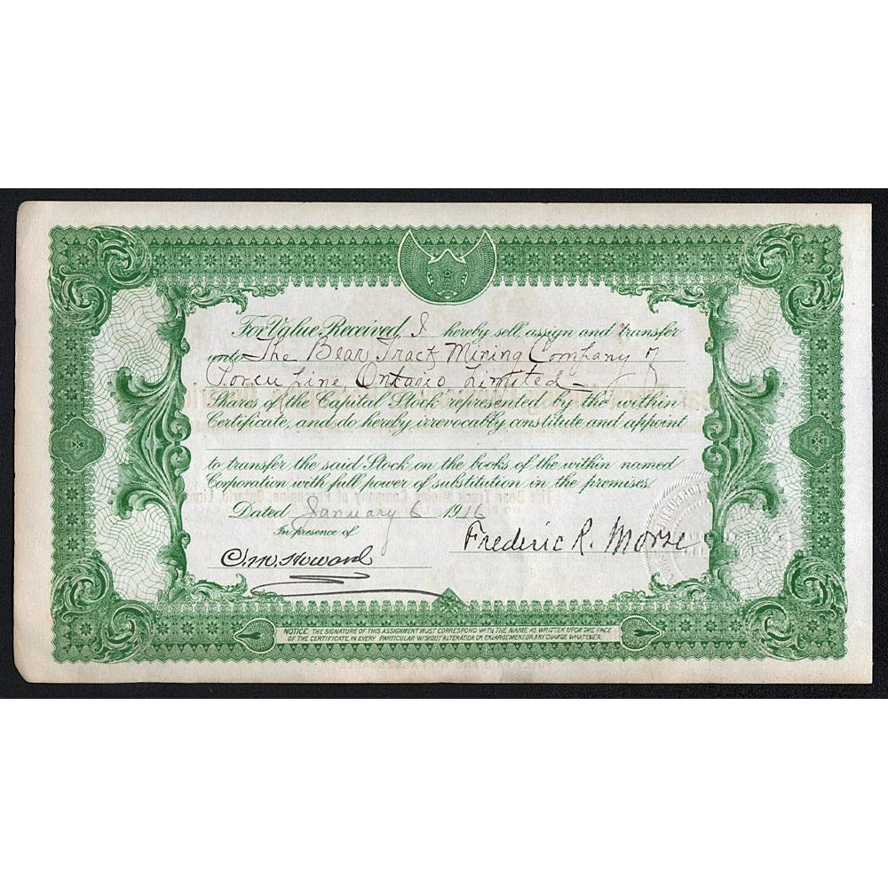 The Bear Track Mining Company of Porcupine, Ontario 1912 Canada Stock Certificate