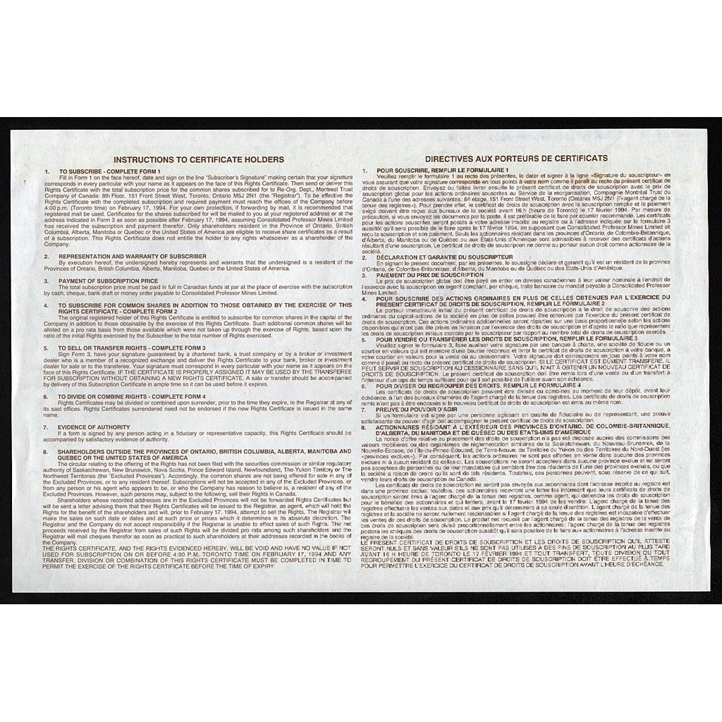 Consolidated Professor Mines Limited, Ontario Canada Stock Certificate