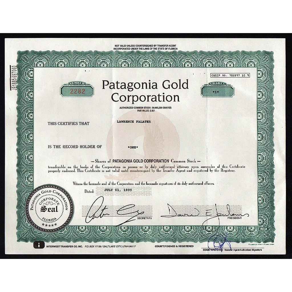 Patagonia Gold Corporation Florida Mining Stock Certificate