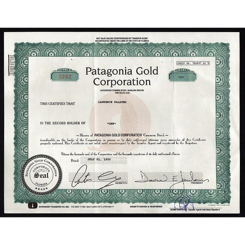 Patagonia Gold Corporation Florida Mining Stock Certificate