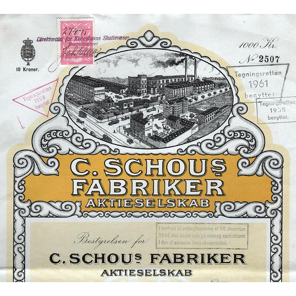C. Schous Fabriker Aktieselskab 1934 Copenhagen Denmark Stock Certificate