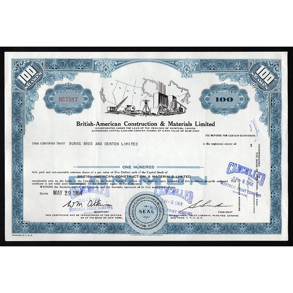 British-American Construction & Materials Manitoba Canada Stock Certificate