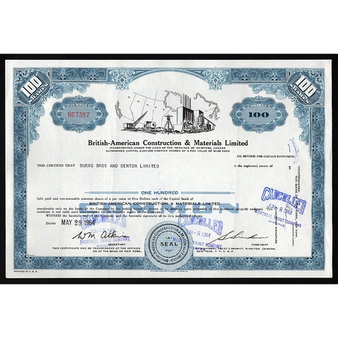 British-American Construction & Materials Manitoba Canada Stock Certificate