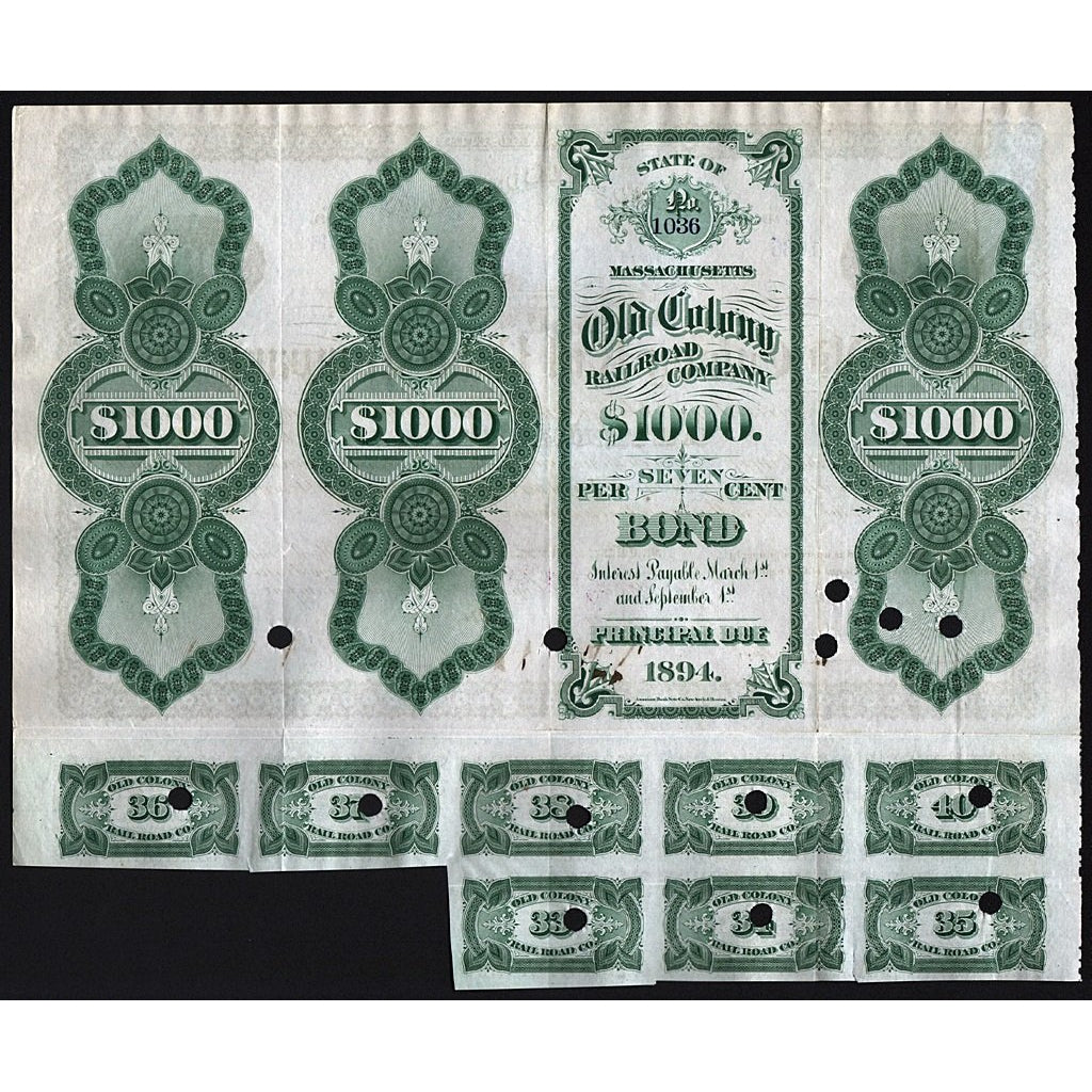 Old Colony Rail Road Company 1874 Massachusetts Stock Certificate