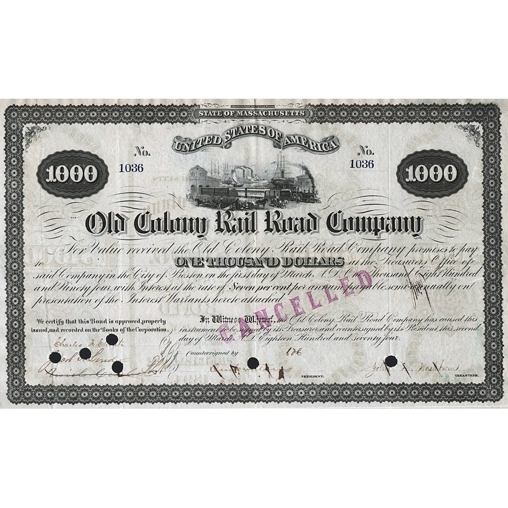 Old Colony Rail Road Company 1874 Massachusetts Stock Certificate