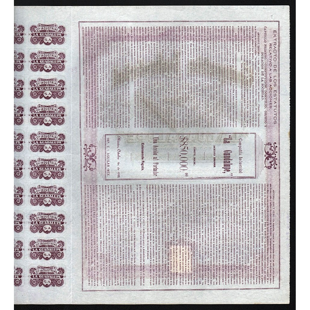 Compania Industrial “La Guadalupe” S.A. Mexico 1913 Stock Certificate