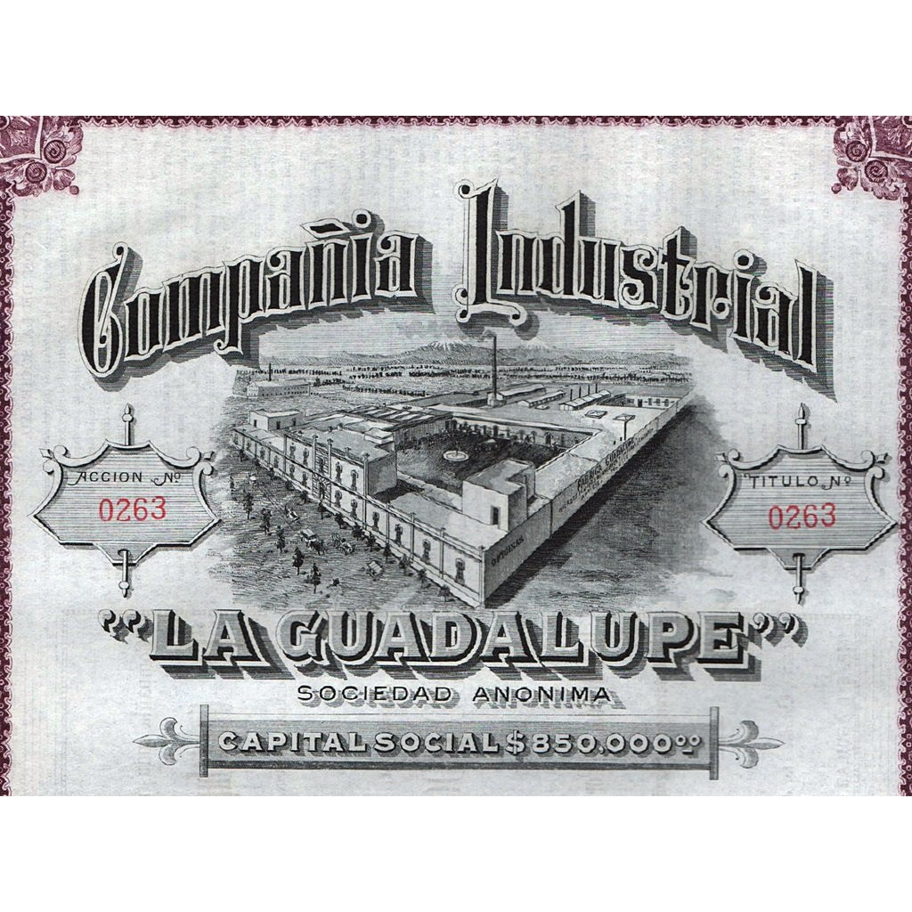 Compania Industrial “La Guadalupe” S.A. Mexico 1913 Stock Certificate