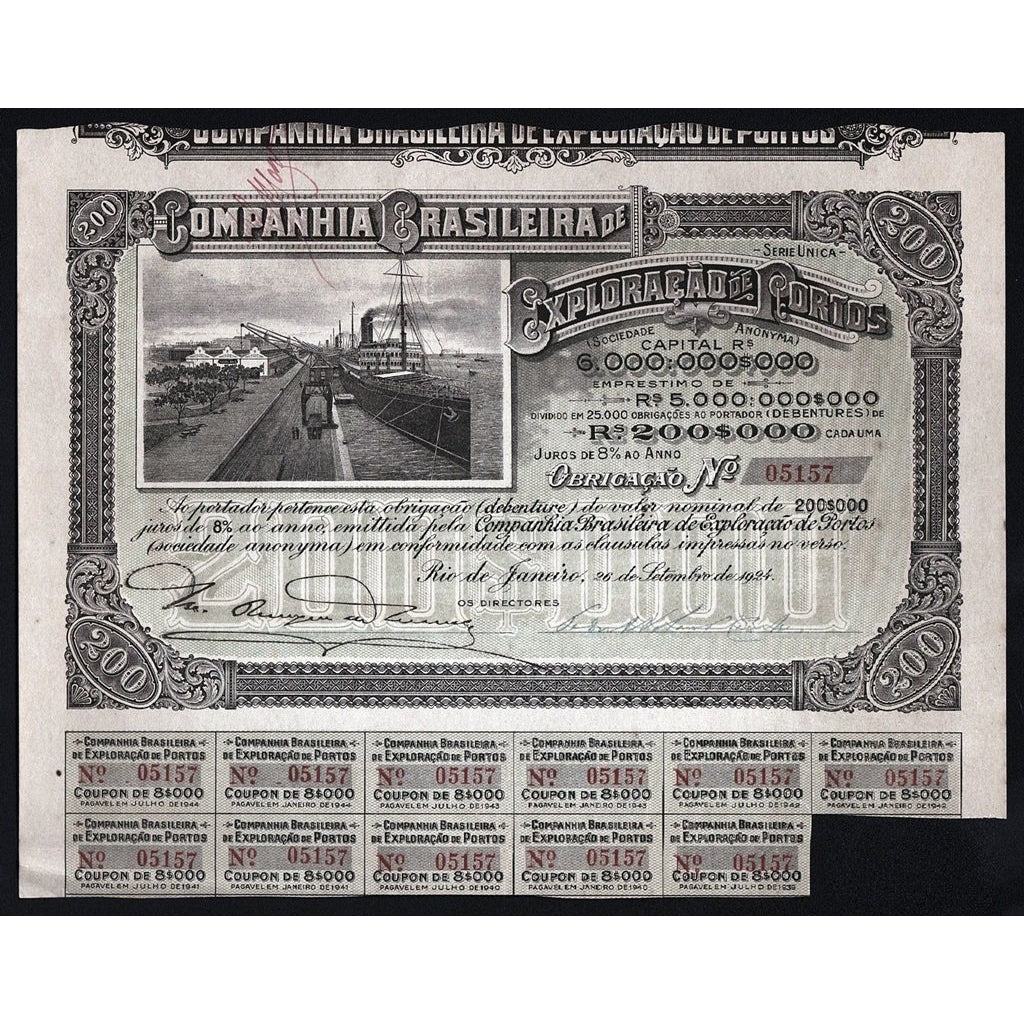 Companhia Brasileira de Exploracao de Portos 1924 Brazil Stock Certificate