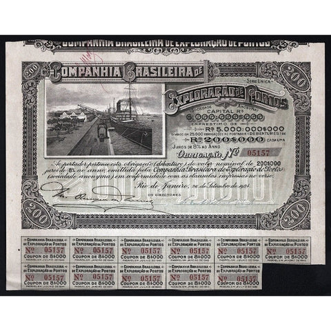 Companhia Brasileira de Exploracao de Portos 1924 Brazil Stock Certificate