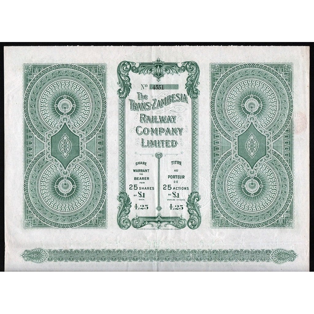 The Trans-Zambesia Railway Company Limited 1920 Stock Certificate Rhodesia