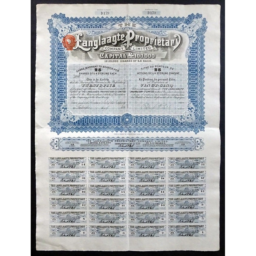 The Langlaagte Proprietary Company South Africa 1890s Stock Certificate