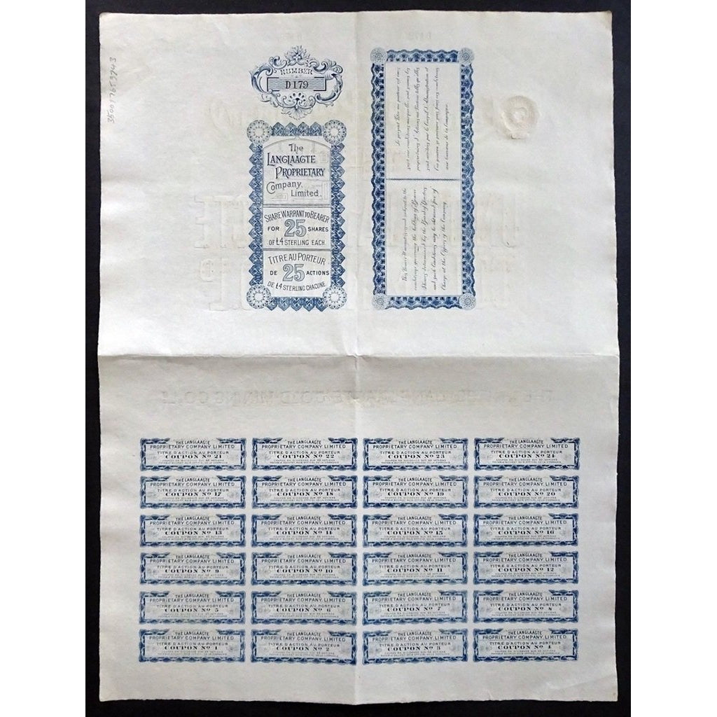 The Langlaagte Proprietary Company South Africa 1890s Stock Certificate