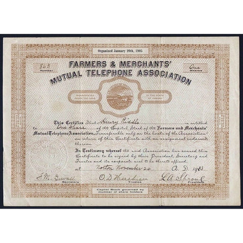 Farmers & Merchants' Mutual Telephone Association Stock Certificate