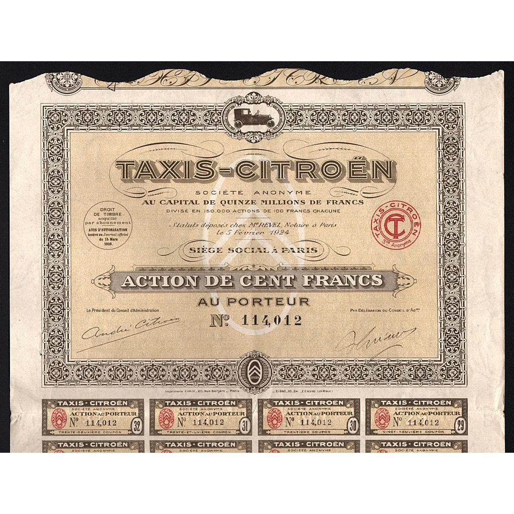 Taxis-Citroen Societe Anonyme 1924 France Stock Certificate Automobiles