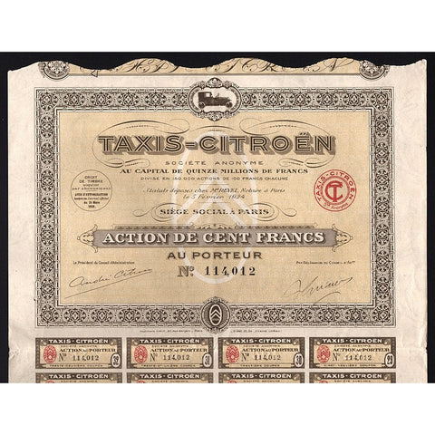 Taxis-Citroen Societe Anonyme 1924 France Stock Certificate Automobiles