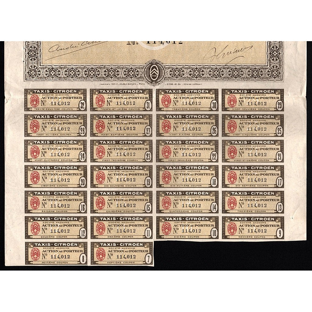 Taxis-Citroen Societe Anonyme 1924 France Stock Certificate Automobiles