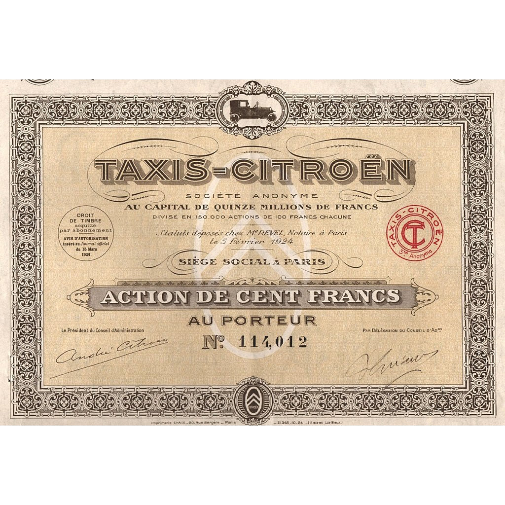 Taxis-Citroen Societe Anonyme 1924 France Stock Certificate Automobiles