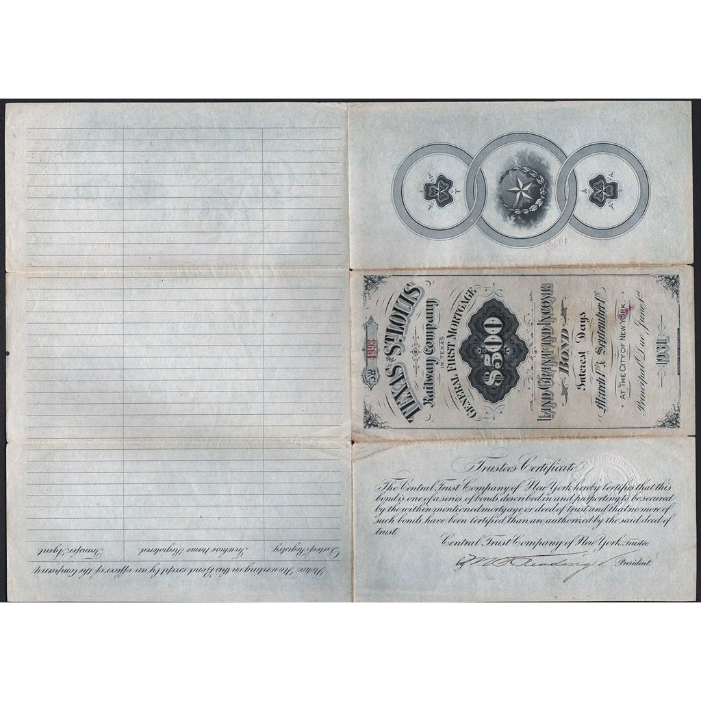 The Texas and St. Louis Railway Company in Texas 1881 Stock Bond Certificate