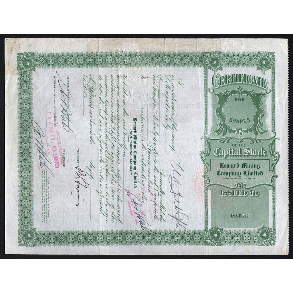 Reward Mining Company Limited 1937 British Columbia Canada Stock Certificate