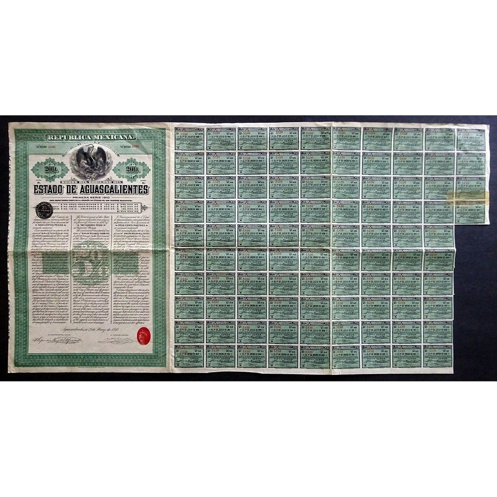 Republica Mexicana: Bonos del Gobierno del Estado de Aguascalientes 1910 Mexico Bond Certificate