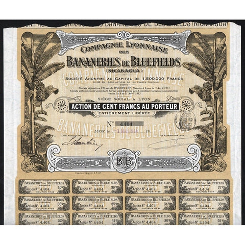 Compagnie Lyonnaise des Bananeries de Bluefields (Nicaragua) Stock Certificate