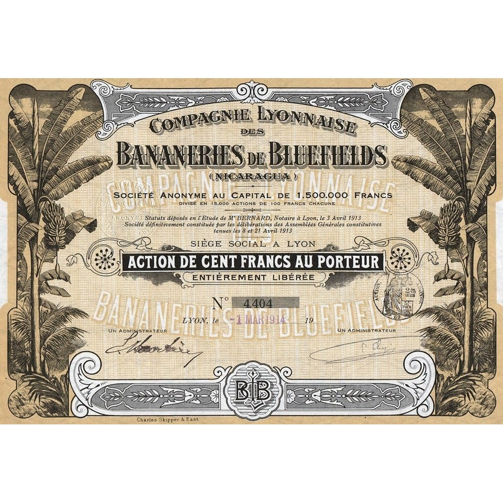 Compagnie Lyonnaise des Bananeries de Bluefields (Nicaragua) Stock Certificate
