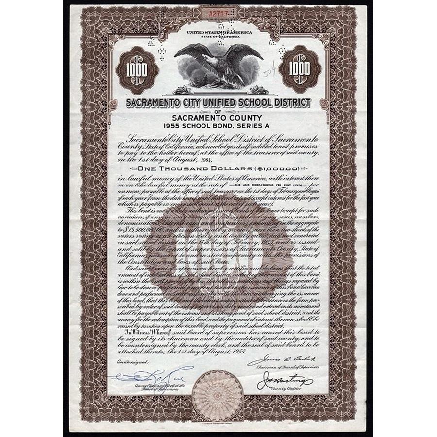 Sacramento City Unified School District of Sacramento County, 1955 School Bond Stock Certificate