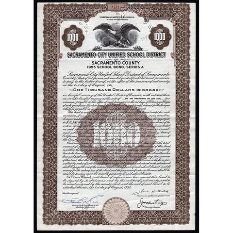 Sacramento City Unified School District of Sacramento County, 1955 School Bond Stock Certificate