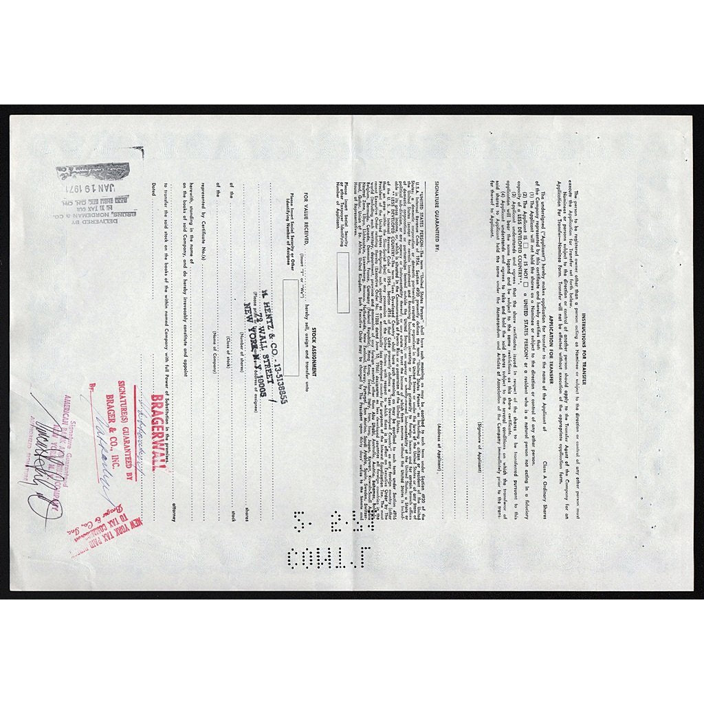 Maritime Fruit Carriers Company Limited Israel Stock Certificate