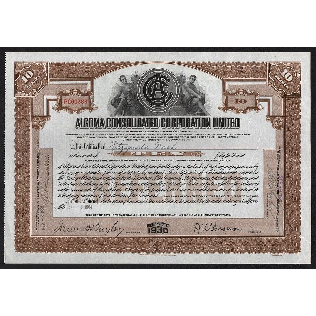 Algoma Consolidated Corporation Limited Canada Stock Certificate Railroad