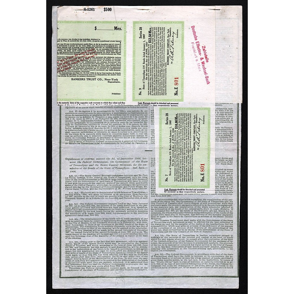 Republica Mexicana, Bonos Del Estado De Tamaulipas 1907 Mexico Stock Bond Certificate