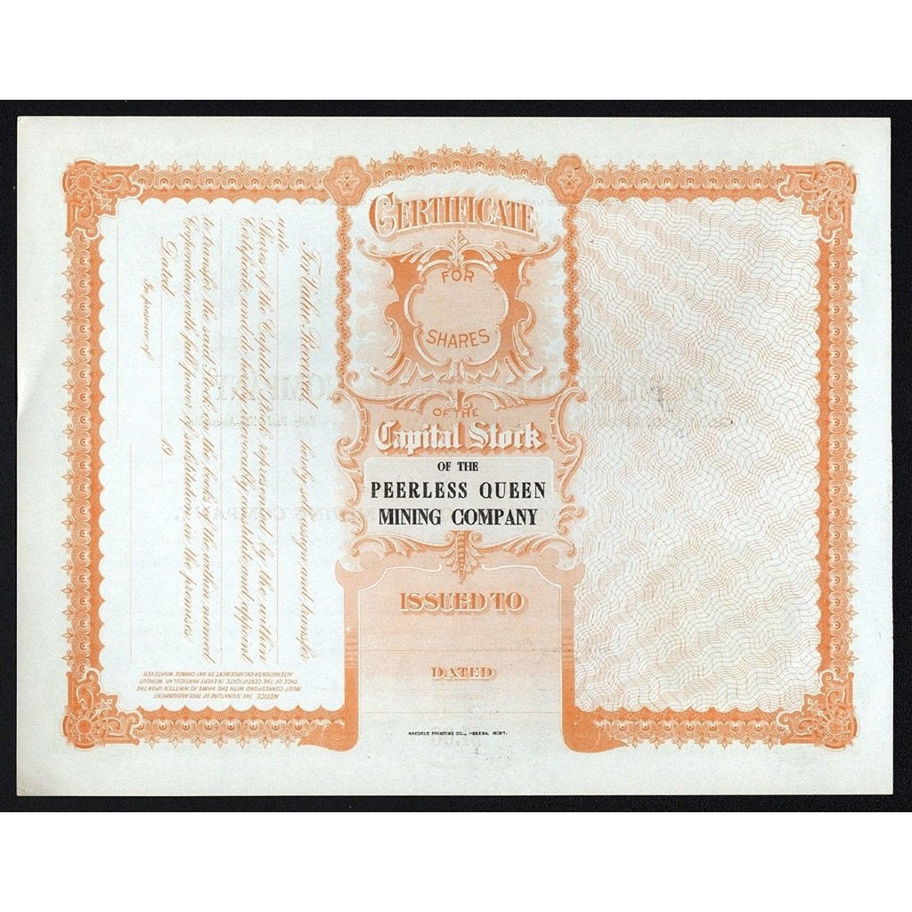 Peerless Queen Mining Company Montana Stock Certificate