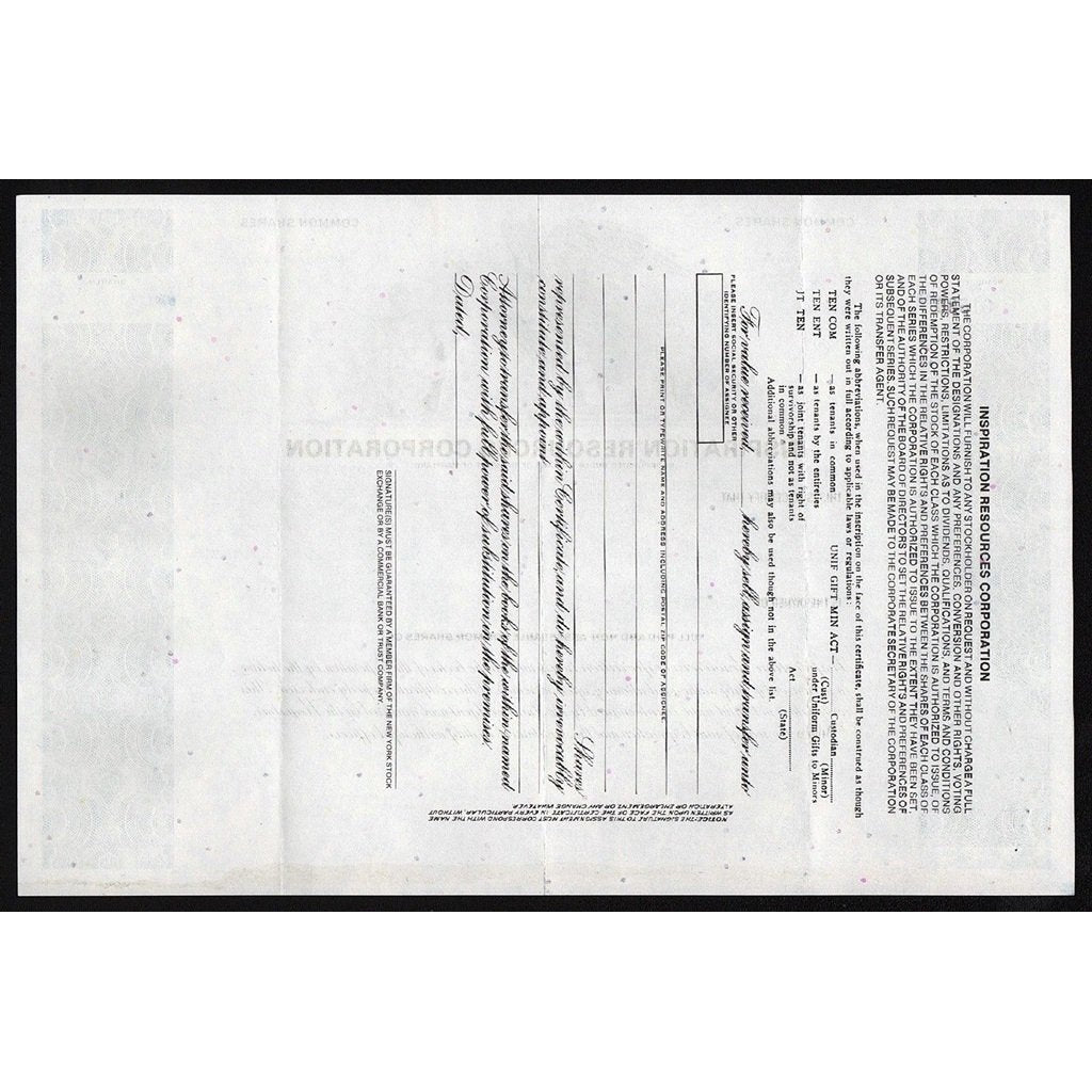 Inspiration Resources Corporation 1991 Maryland Stock Certificate