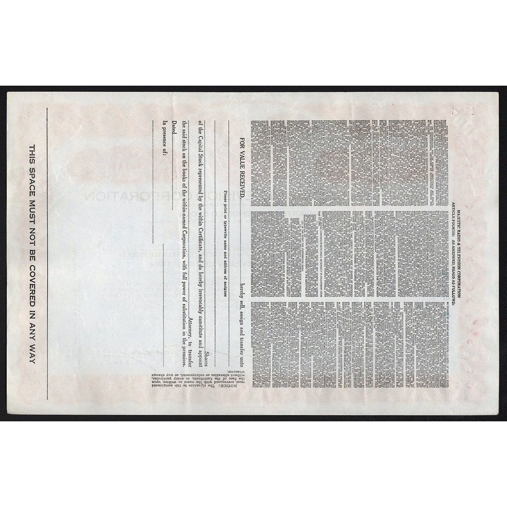 Majestic Radio & Television Corporation Stock Certificate