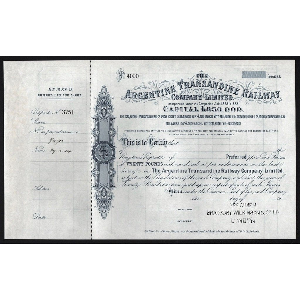 The Argentine Transandine Railway Company Limited Specimen Stock Certificate