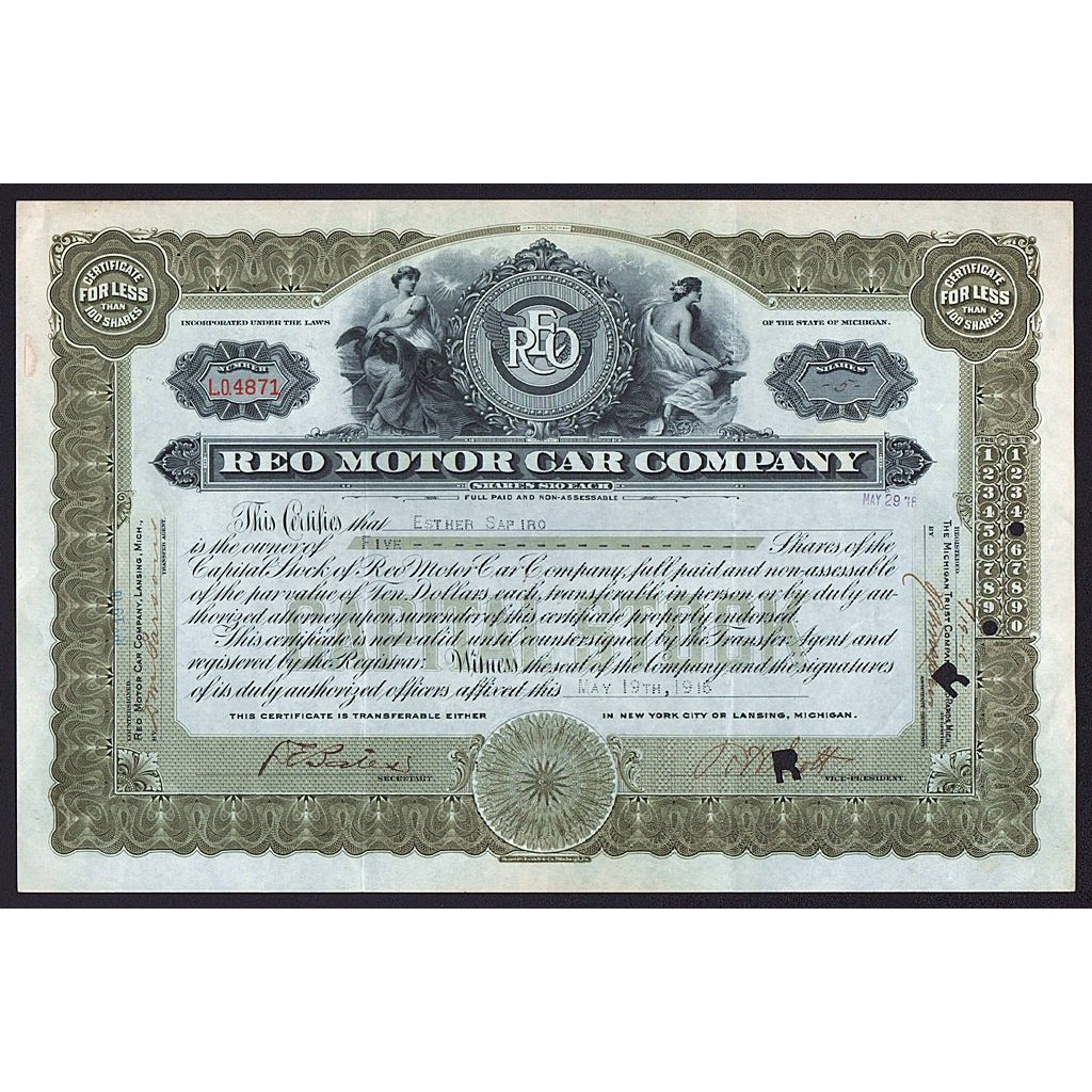 REO Motor Car Company 1916 Michigan Stock Certificate
