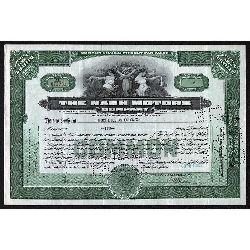 The Nash Motors Company 1926 Maryland Stock Certificate Automobiles