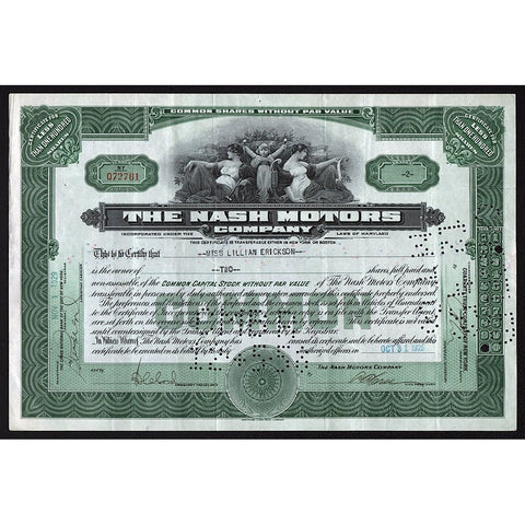The Nash Motors Company 1926 Maryland Stock Certificate Automobiles