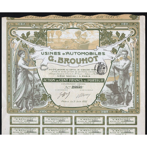 Usines d'Automobiles G. Brouhot Societe Anonyme 1906 Stock Certificate