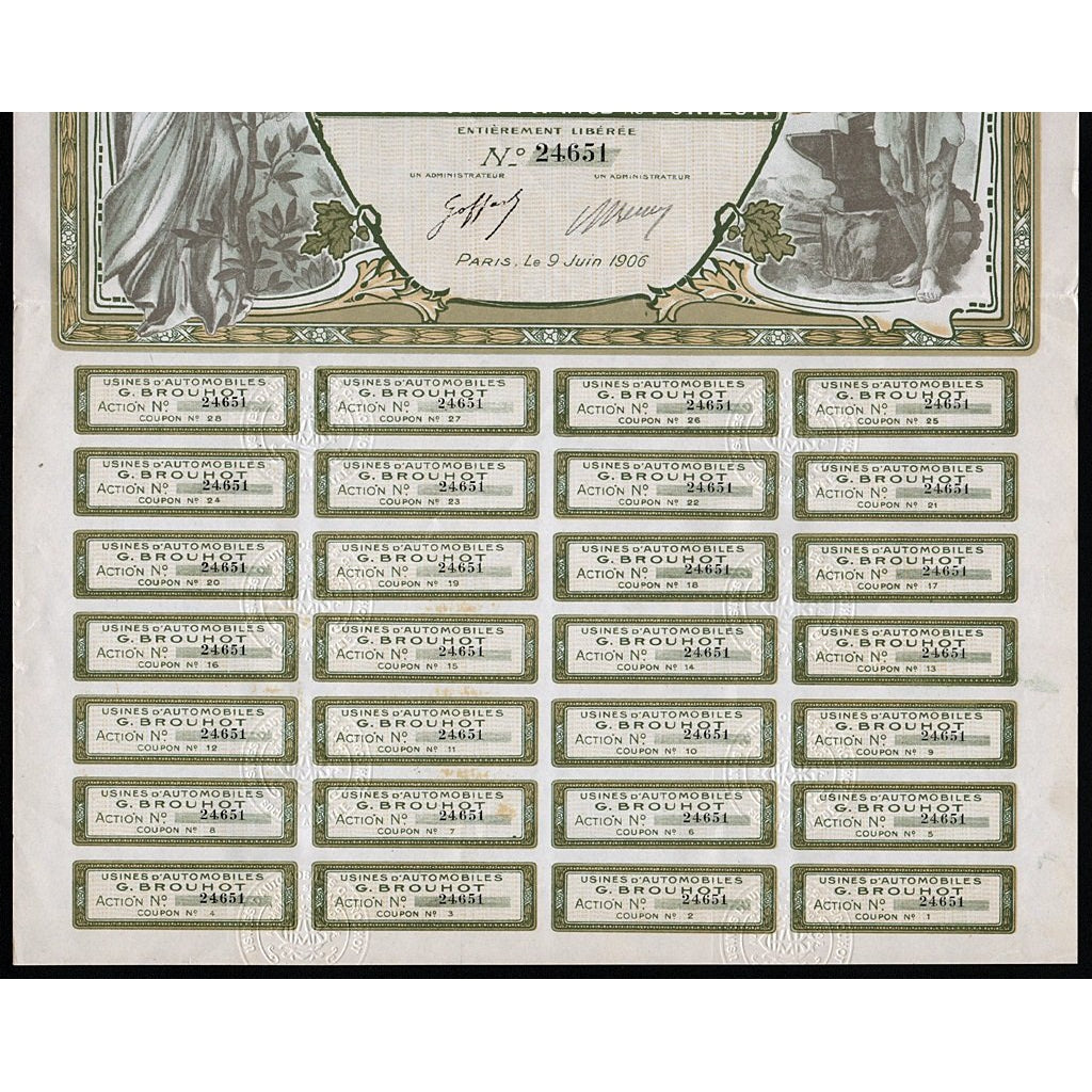 Usines d'Automobiles G. Brouhot Societe Anonyme 1906 Stock Certificate