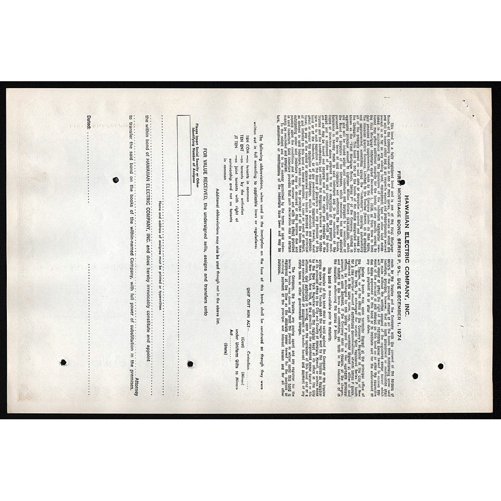 Hawaiian Electric Company, Inc. (Specimen) Stock Bond Certificate