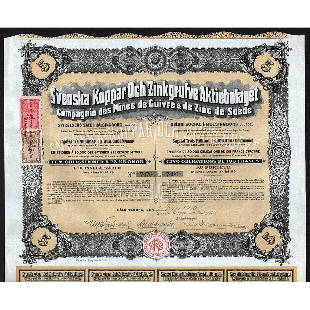 Svenska Koppar Och Zinkgrufve Aktiebolaget 1910 Sweden Stock Certificate