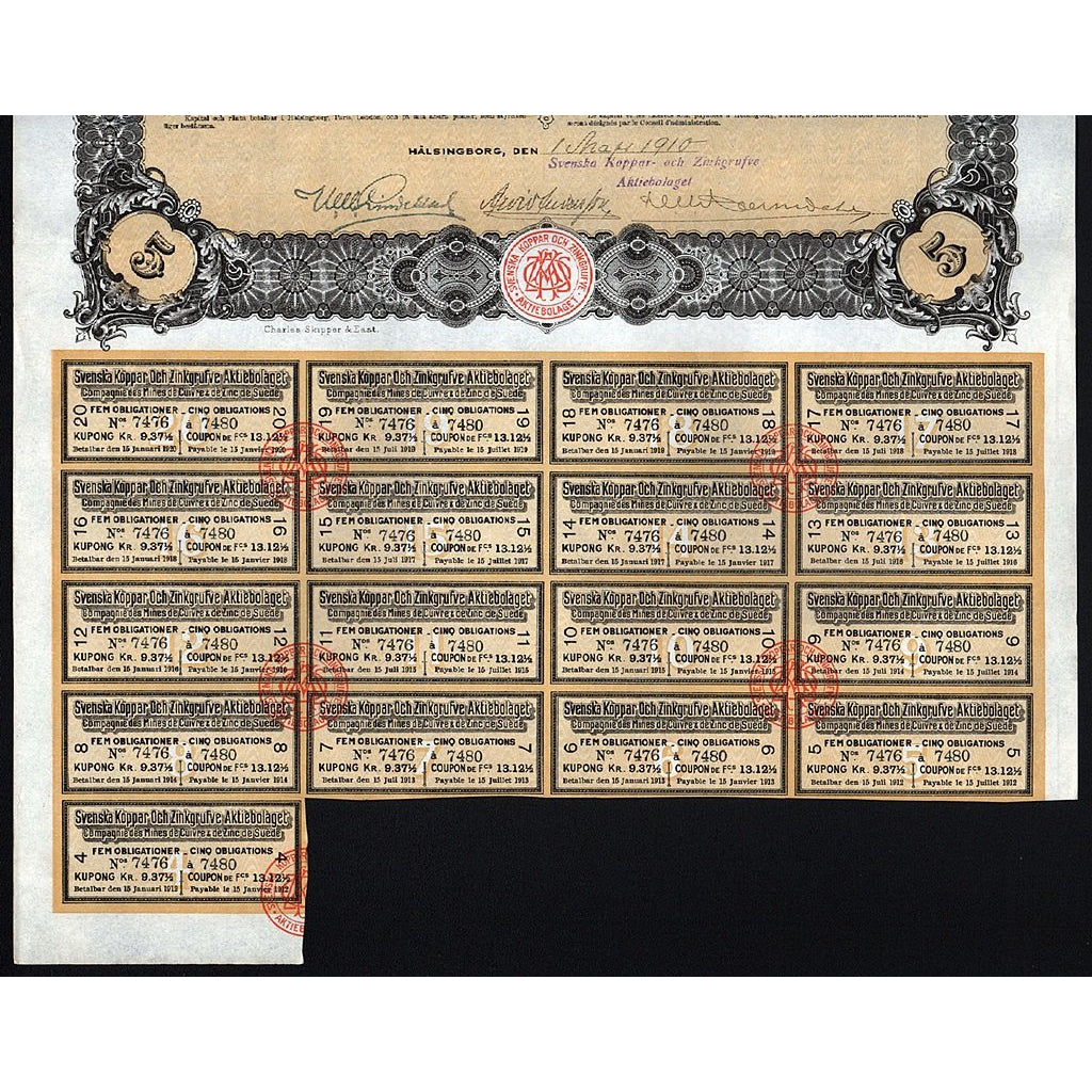 Svenska Koppar Och Zinkgrufve Aktiebolaget 1910 Sweden Stock Certificate