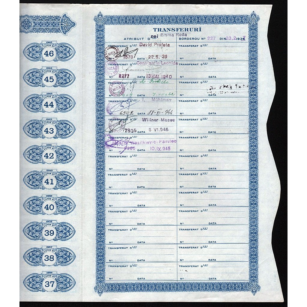 “Mica” Societate Anonima Romana Miniera 1936 Romania Stock Certificate