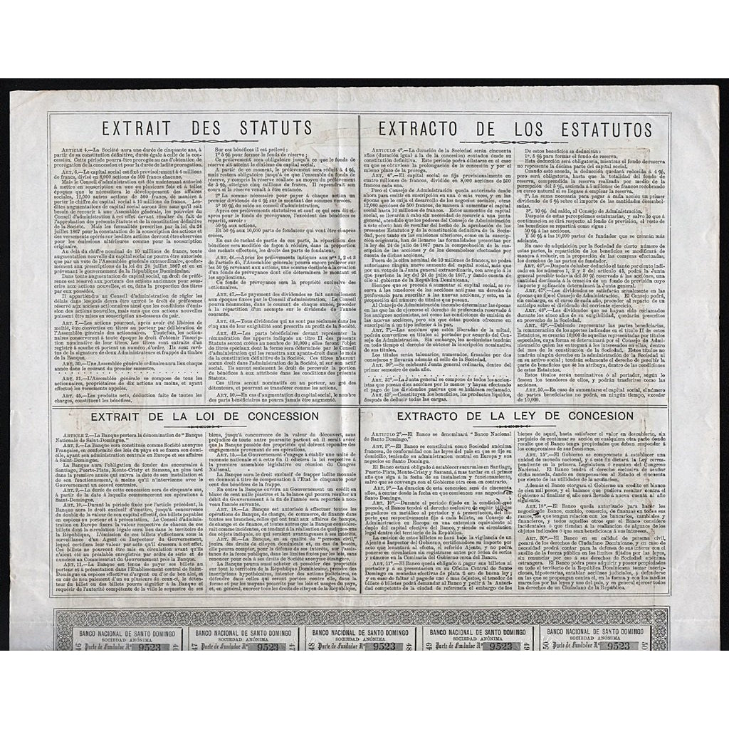 Banco Nacional de Santo Domingo 1889 Dominican Republic Stock Bond Certificate