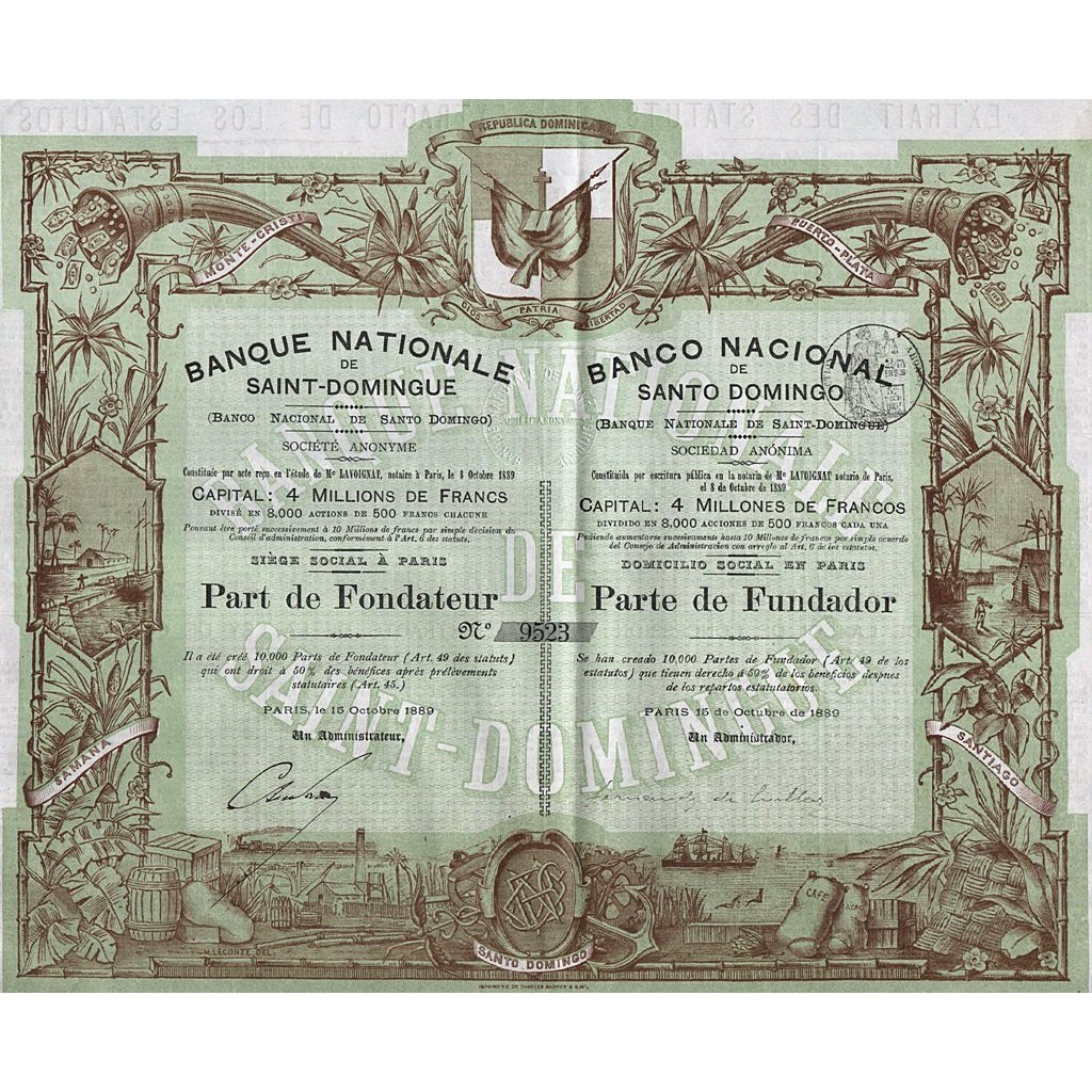 Banco Nacional de Santo Domingo 1889 Dominican Republic Stock Bond Certificate