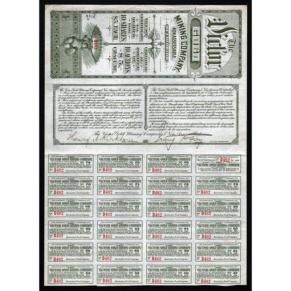 The Victor Gold Mining Company (Cripple Creek) Stock Certificate